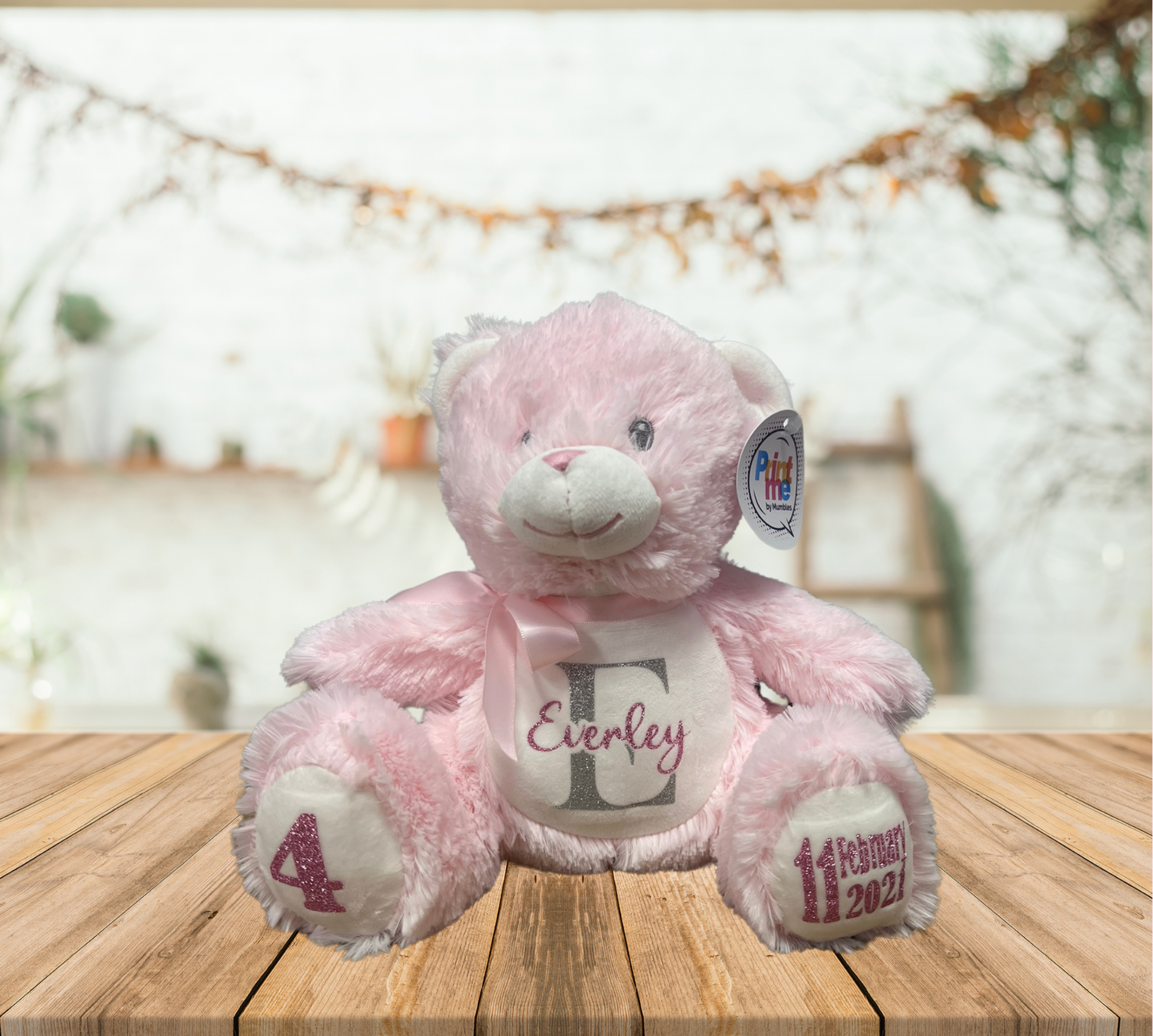 Personalised Birthday Teddy Bear: Custom Name Glitter Print Stuffed Animal